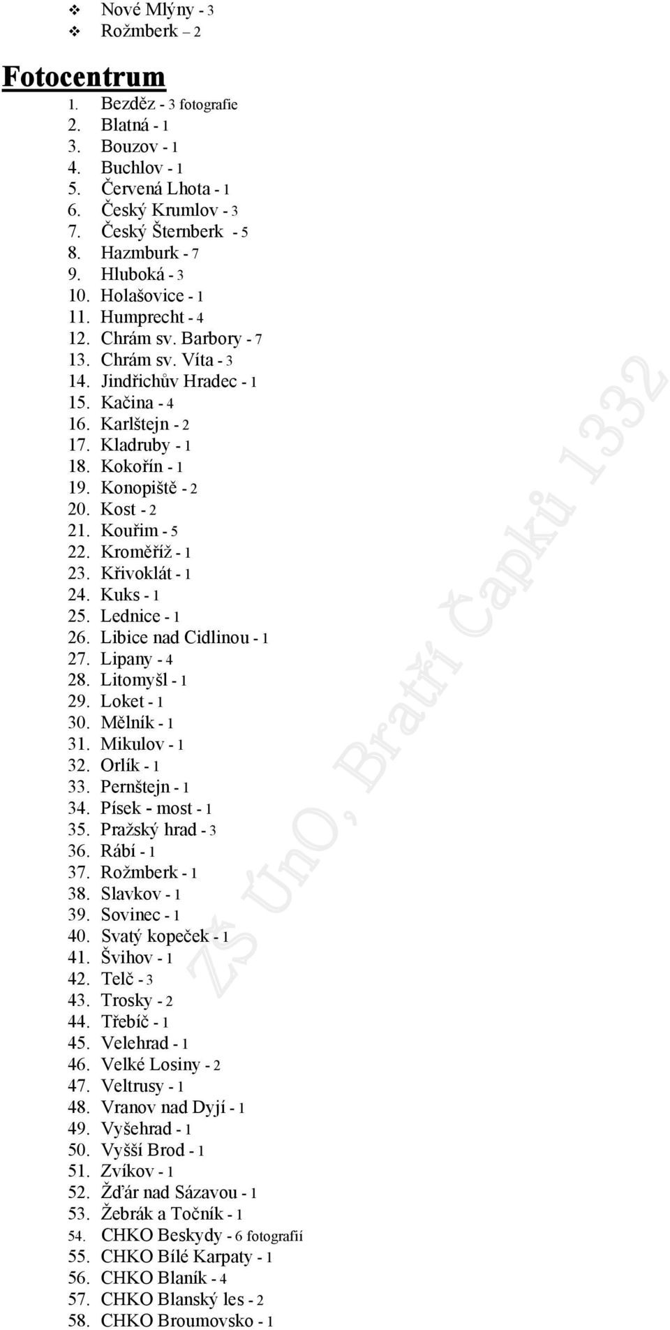 Kuřim - 5 22. Krměříž - 1 23. Křivklát - 1 24. Kuks - 1 25. Lednice - 1 26. Libice nad Cidlinu - 1 27. Lipany - 4 28. Litmyšl - 1 29. Lket - 1 30. Mělník - 1 31. Mikulv - 1 32. Orlík - 1 33.