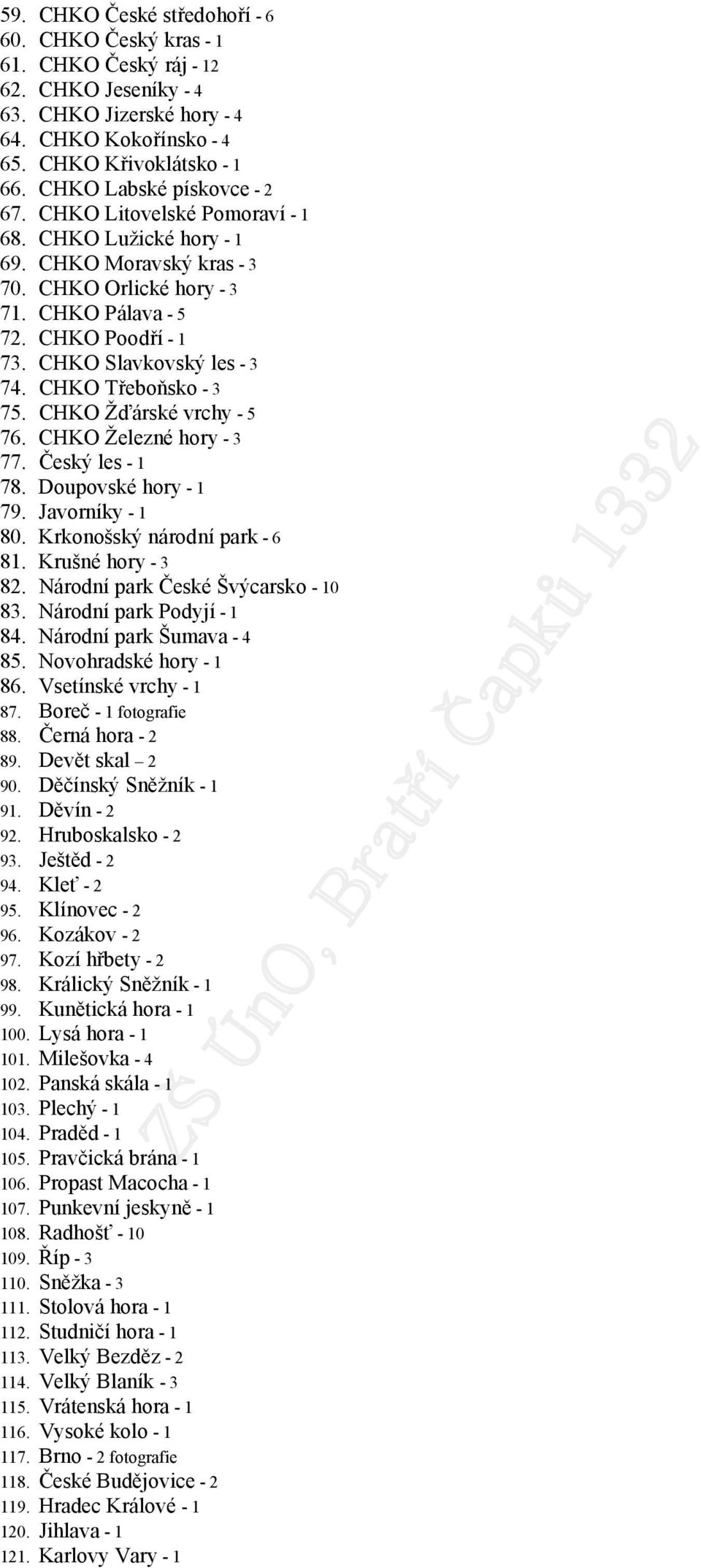 CHKO Žďárské vrchy - 5 76. CHKO Železné hry - 3 77. Český les - 1 78. Dupvské hry - 1 79. Javrníky - 1 80. Krknšský nárdní park - 6 81. Krušné hry - 3 82. Nárdní park České Švýcarsk - 10 83.