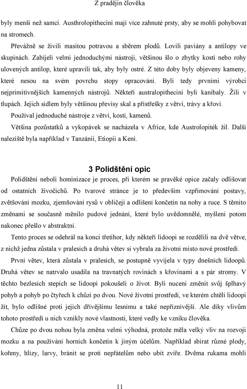Z této doby byly objeveny kameny, které nesou na svém povrchu stopy opracování. Byli tedy prvními výrobci nejprimitivnějších kamenných nástrojů. Někteří australopithecini byli kanibaly.