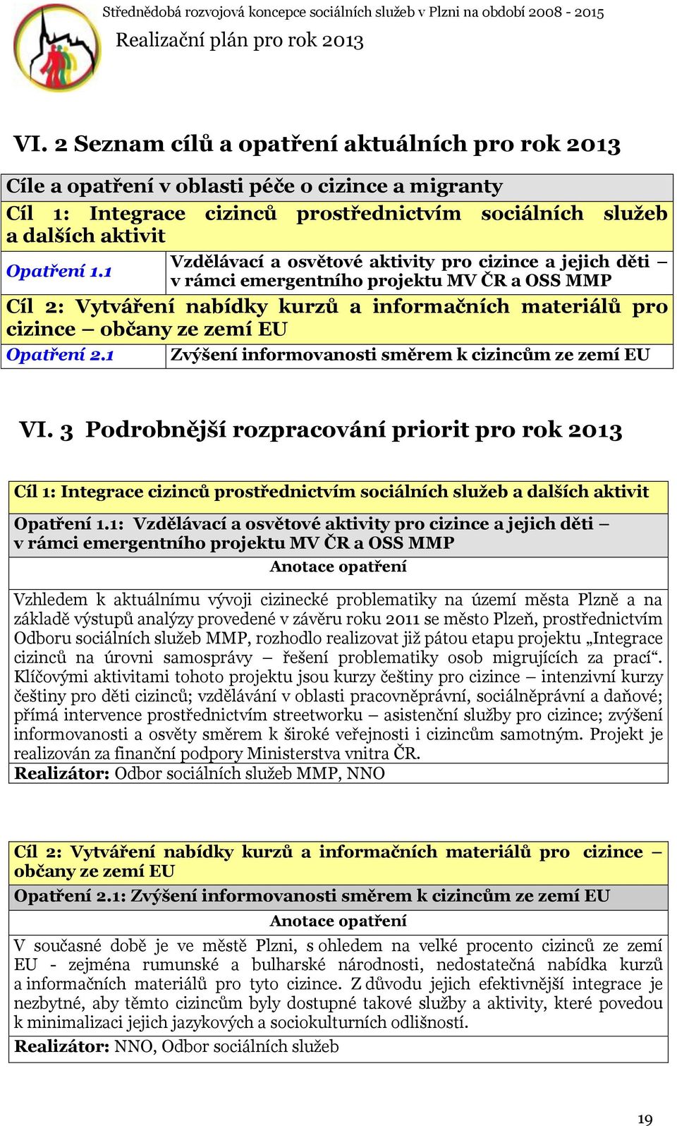 2.1 Zvýšení informovanosti směrem k cizincům ze zemí EU VI. 3 Podrobnější rozpracování priorit pro rok 2013 Cíl 1: Integrace cizinců prostřednictvím sociálních služeb a dalších aktivit Opatření 1.