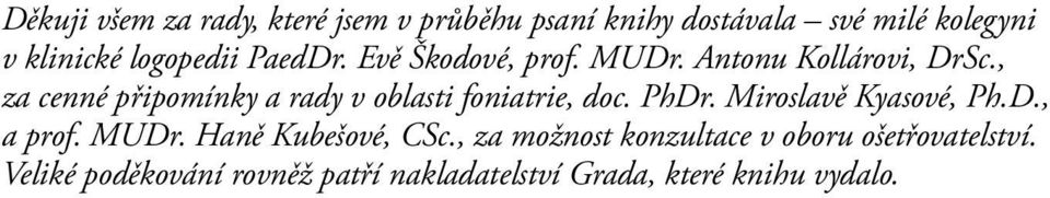 , za cenné připomínky a rady v oblasti foniatrie, doc. PhDr. Miroslavě Kyasové, Ph.D., a prof. MUDr.