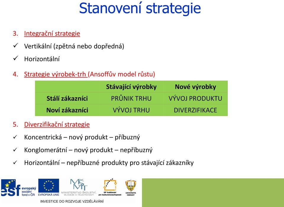 TRHU VÝVOJ PRODUKTU Noví zákazníci VÝVOJ TRHU DIVERZIFIKACE 5.