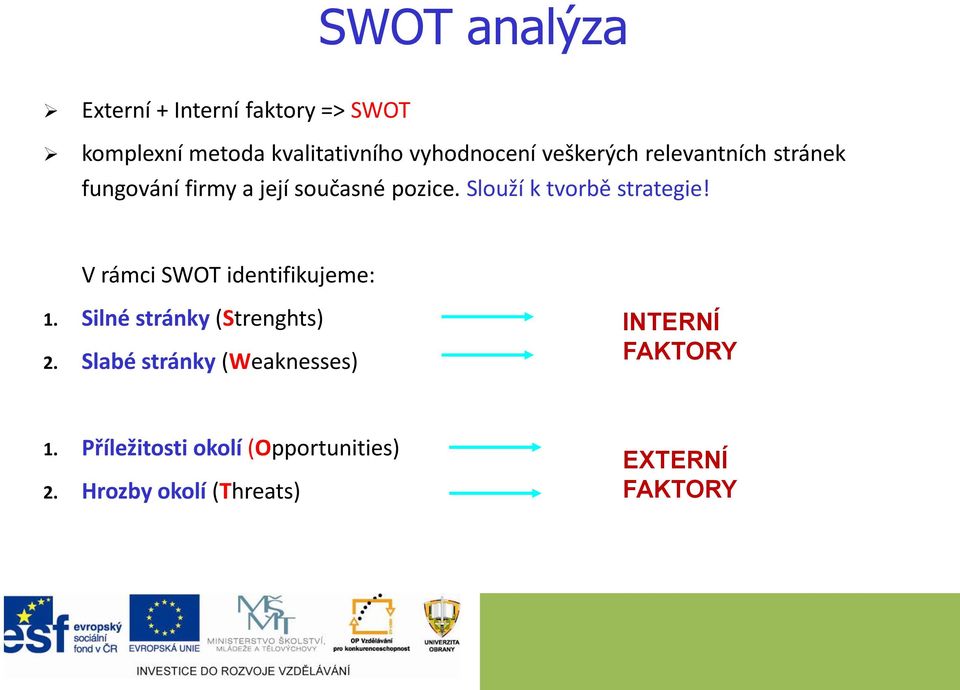 Slouží k tvorbě strategie! V rámci SWOT identifikujeme: 1. Silné stránky (Strenghts) 2.