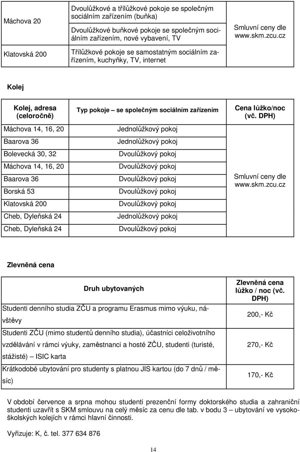 cz Kolej Kolej, adresa (celoročně) Máchova 14, 16, 20 Baarova 36 Bolevecká 30, 32 Máchova 14, 16, 20 Baarova 36 Borská 53 Klatovská 200 Cheb, Dyleňská 24 Cheb, Dyleňská 24 Typ pokoje se společným