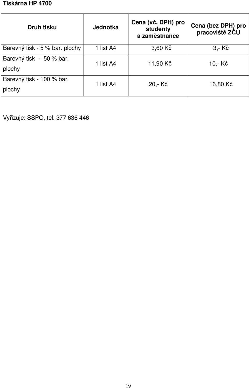 5 % bar. plochy 1 list A4 3,60 Kč 3,- Kč Barevný tisk - 50 % bar.