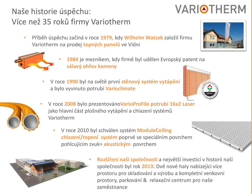 Laser jako hlavní část plošného vytápění a chlazení systémů Variotherm V roce 2010 byl schválen systém ModuleCeiling chlazení/topení systém poprvé se speciálním povrchem pohlcujícím zvuk= akustickým