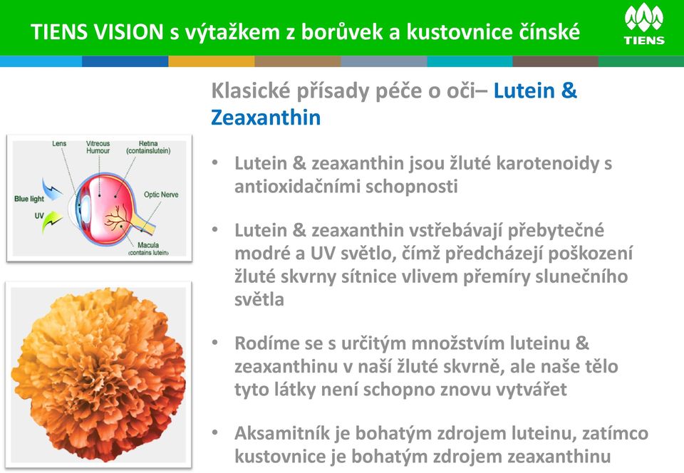 žluté skvrny sítnice vlivem přemíry slunečního světla Rodíme se s určitým množstvím luteinu & zeaxanthinu v naší žluté skvrně, ale