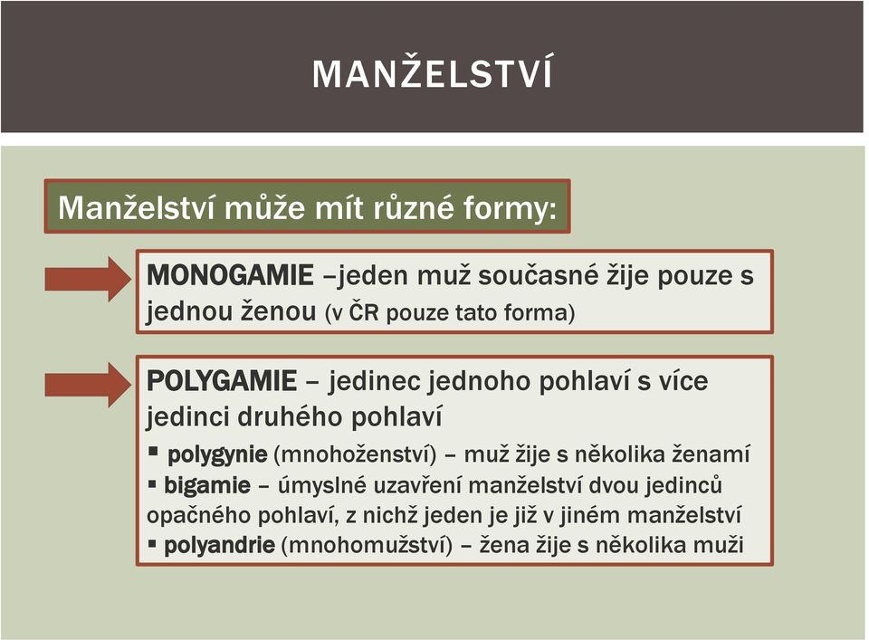 (mnohoženství) muž žije s několika ženamí bigamie úmyslné uzavření manželství dvou jedinců opačného