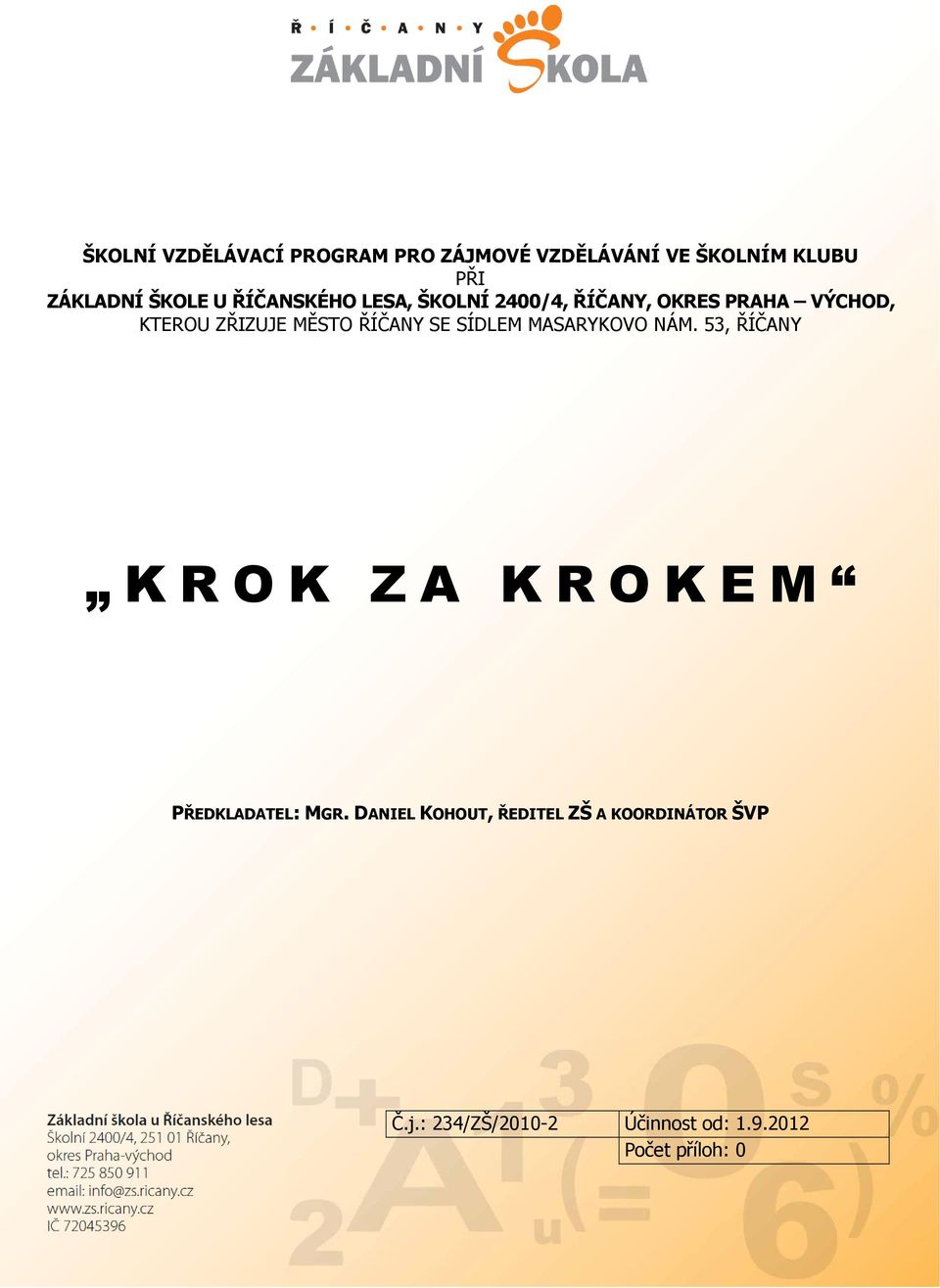 SE SÍDLEM MASARYKOVO NÁM. 53, ŘÍČANY K R O K Z A K R O K E M PŘEDKLADATEL: MGR.