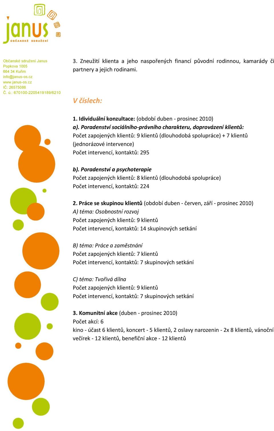 Poradenství a psychoterapie Počet zapojených klientů: 8 klientů (dlouhodobá spolupráce) Počet intervencí, kontaktů: 224 2.