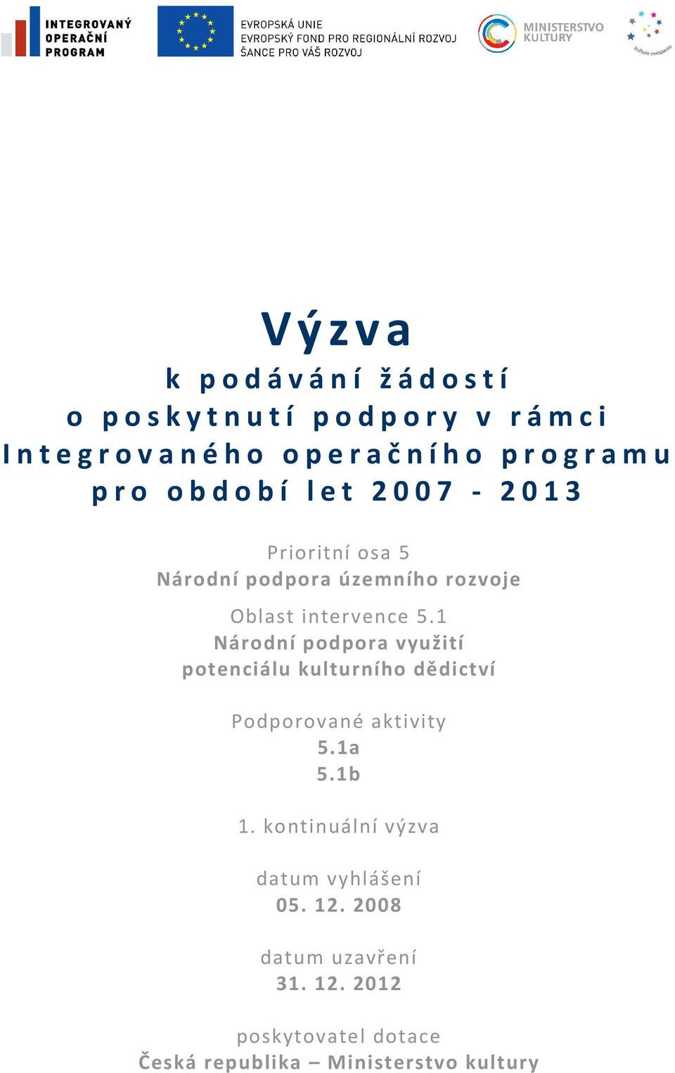 1 Nárdní pdpra využití ptenciálu kulturníh dědictví Pdprvané aktivity 5.1a 5.1b 1.