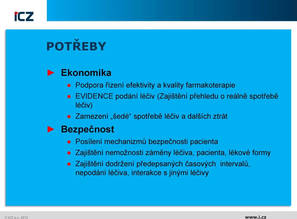 Bezpečnost Posílení mechanizmů bezpečnosti pacienta Zajištění nemožnosti záměny léčiva,