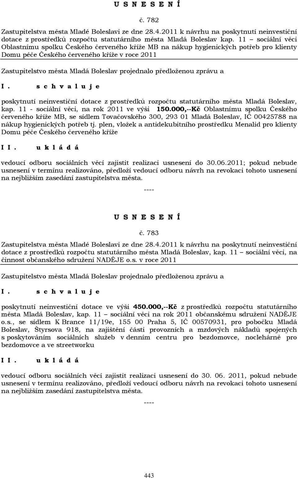 rozpočtu statutárního města Mladá Boleslav, kap. 11 - sociální věci, na rok 2011 ve výši 150.