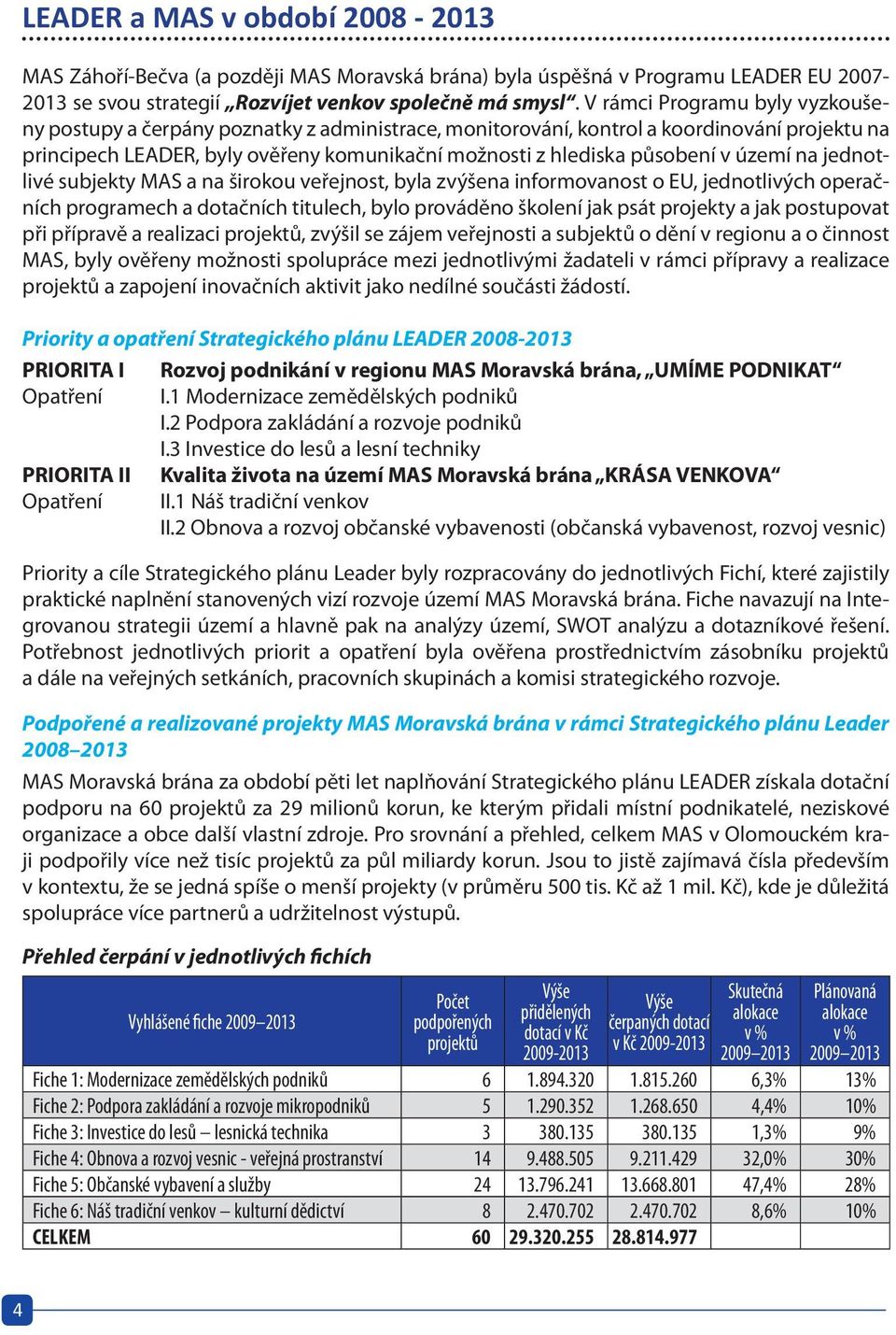 území na jednotlivé subjekty MAS a na širokou veřejnost, byla zvýšena informovanost o EU, jednotlivých operačních programech a dotačních titulech, bylo prováděno školení jak psát projekty a jak