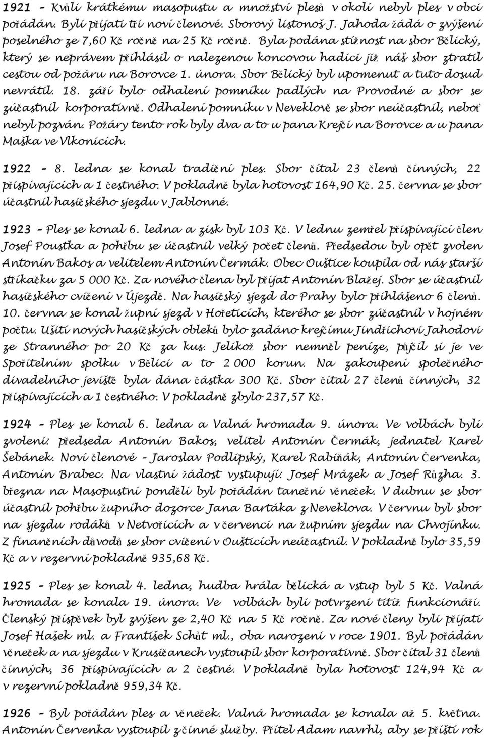 Sbor Bělický byl upomenut a tuto dosud nevrátil. 18. září bylo odhalení pomníku padlých na Provodné a sbor se zúčastnil korporativně.