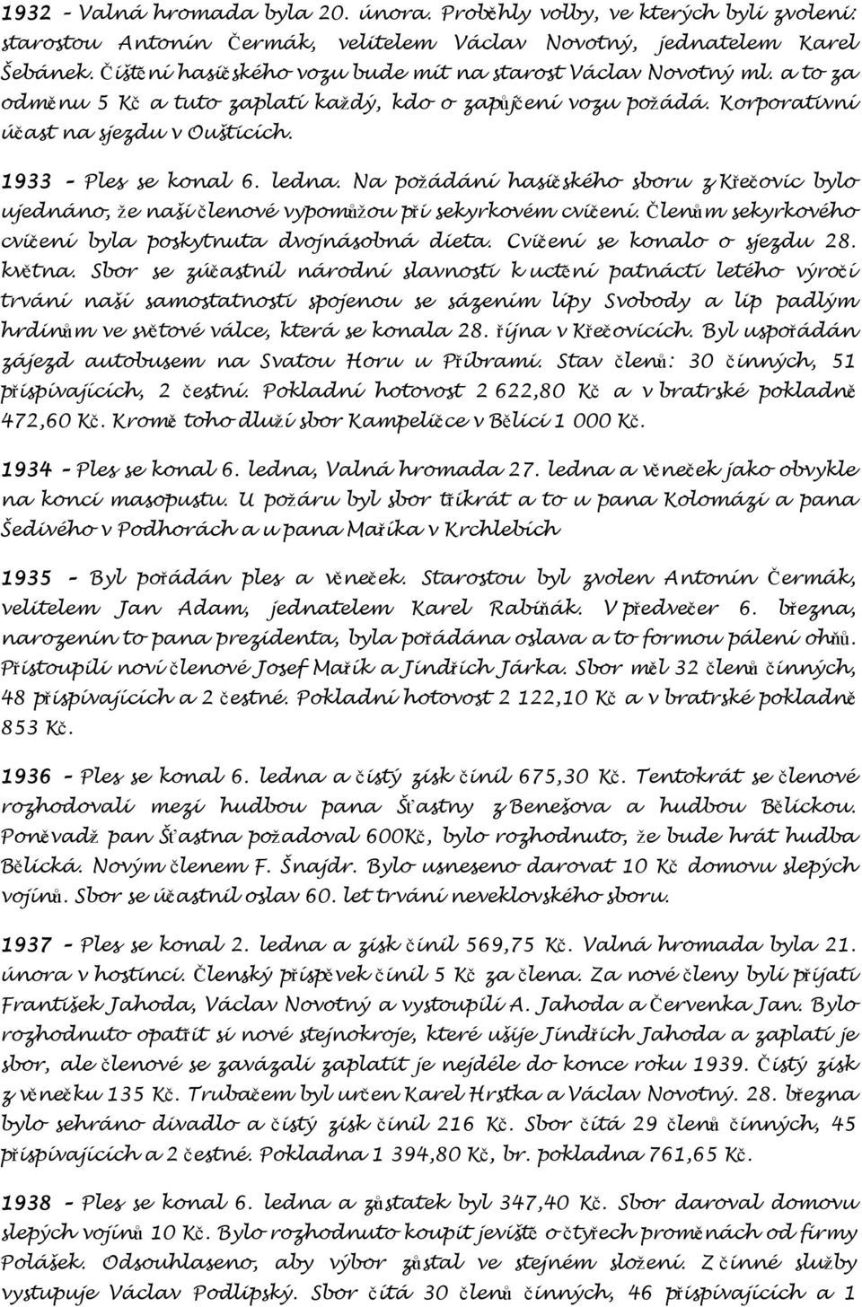 ledna. Na požádání hasičského sboru z Křečovic bylo ujednáno, že naši členové vypomůžou při sekyrkovém cvičení. Členům sekyrkového cvičení byla poskytnuta dvojnásobná dieta.