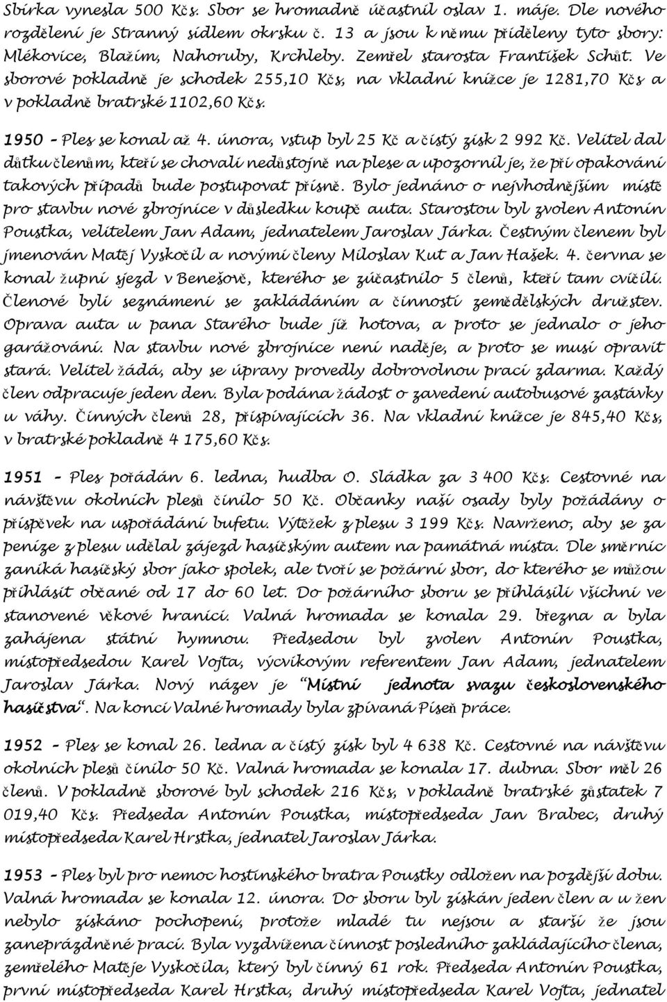 února, vstup byl 25 Kč a čistý zisk 2 992 Kč. Velitel dal důtku členům, kteří se chovali nedůstojně na plese a upozornil je, že při opakování takových případů bude postupovat přísně.