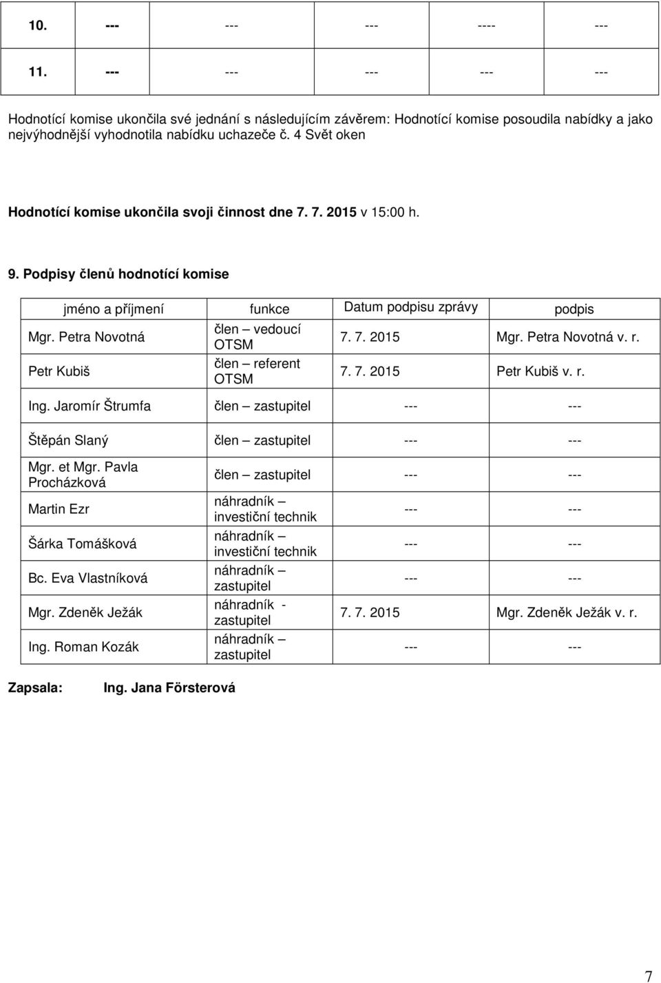 Petra Novotná Petr Kubiš člen vedoucí člen referent 7. 7. 2015 Mgr. Petra Novotná v. r. 7. 7. 2015 Petr Kubiš v. r. Ing. Jaromír Štrumfa člen Štěpán Slaný člen Mgr.