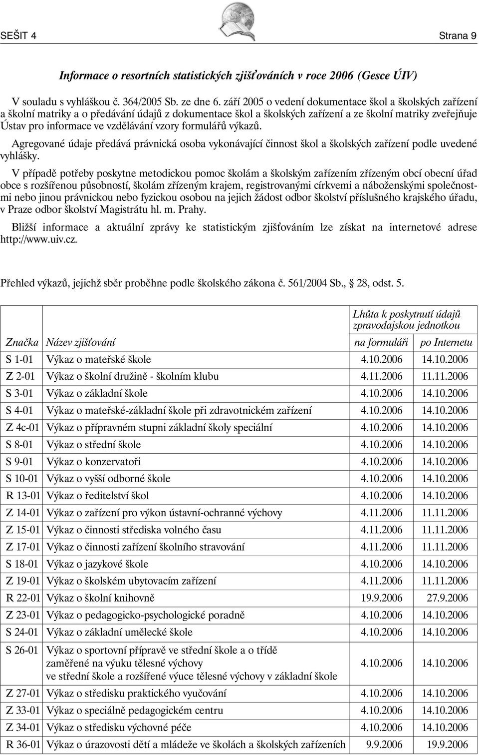 vzory formulářů výkazů. Agregované údaje předává právnická osoba vykonávající činnost škol a školských zařízení podle uvedené vyhlášky.