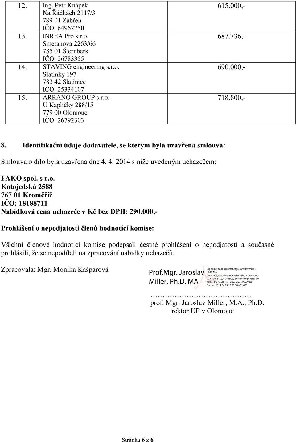 4. 2014 s níže uvedeným uchazečem: FAKO spol. s r.o. Nabídková cena uchazeče v Kč bez DPH: 290.