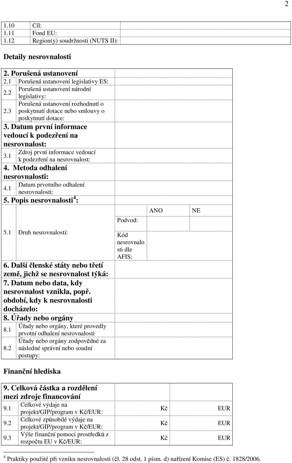 1 Zdroj první informace vedoucí k podezření na nesrovnalost: 4. Metoda odhalení nesrovnalosti: 4.1 Datum prvotního odhalení nesrovnalosti: 5. Popis nesrovnalosti 4 : Podvod: ANO NE 5.