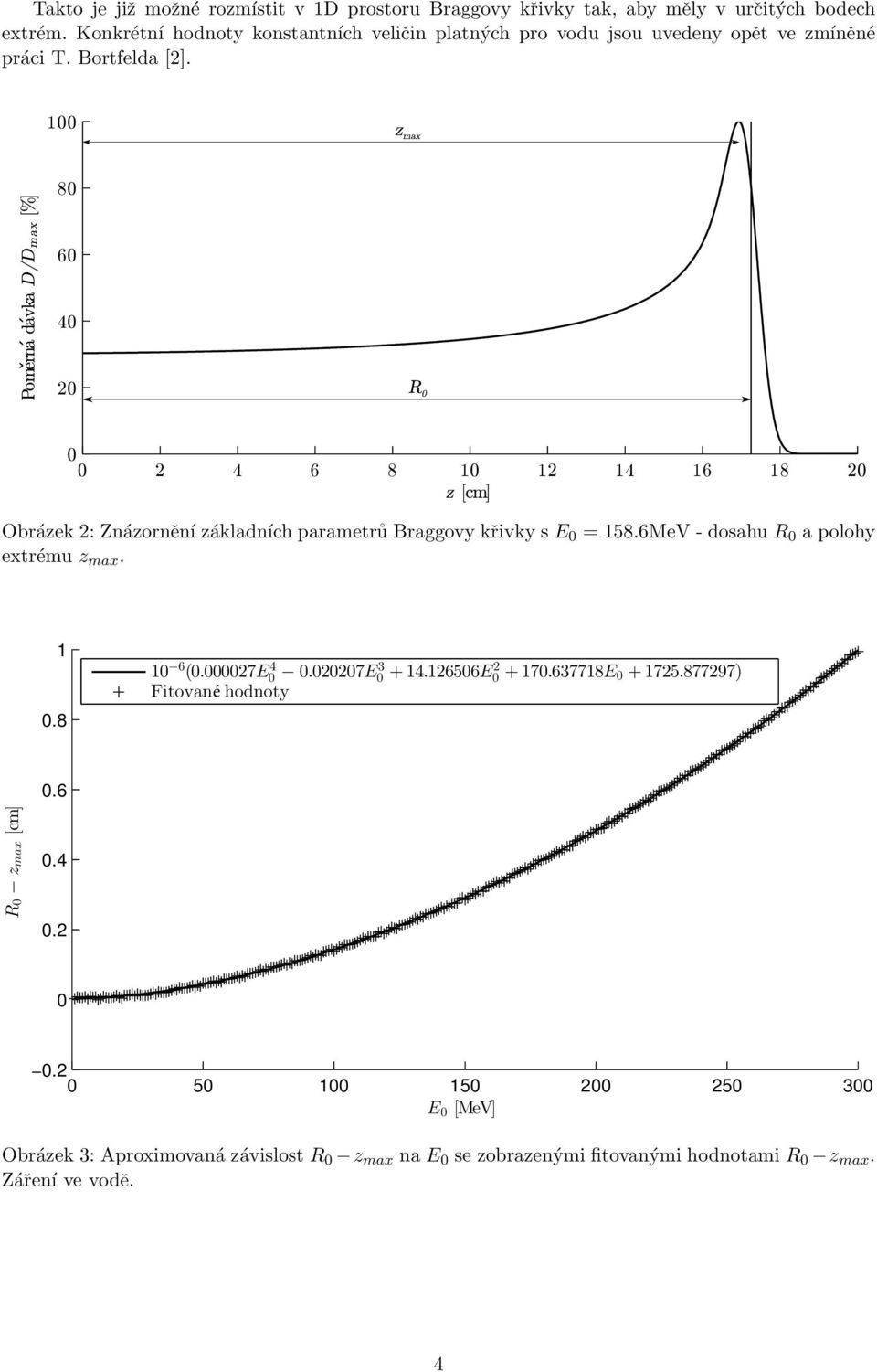 1 8 6 4 4 6 8 1 1 14 16 18 Obrázek : Znázornění základních parametrů Braggovy křivky s E = 158.6MeV - dosahu R a polohy extrému z max. 1.8 1 6 (.