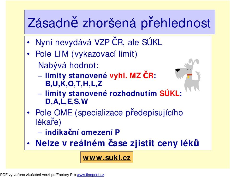 MZ ČR: B,U,K,O,T,H,L,Z limity stanovené rozhodnutím SÚKL: D,A,L,E,S,W Pole OME