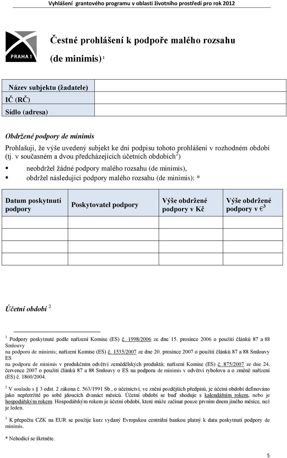 v současném a dvou předcházejících účetních obdobích 2 ) neobdržel žádné podpory malého rozsahu (de minimis), obdržel následující podpory malého rozsahu (de minimis): * Datum poskytnutí podpory