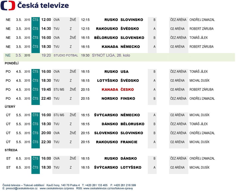 5. 2015 ČTS 18:30 TVU Z 16:15 LOTYŠSKO ŠVÉDSKO A O2 ARÉNA MICHAL DUSÍK PO 4.5. 2015 ČTS 19:45 STU MS ŽIVĚ 20:15 KANADA ČESKO A O2 ARÉNA ROBERT ZÁRUBA PO 4.5. 2015 ČTS 22:40 TVU Z 20:15 NORSKO FINSKO B ČEZ ARÉNA ONDŘEJ ZAMAZAL ÚTERÝ ÚT 5.