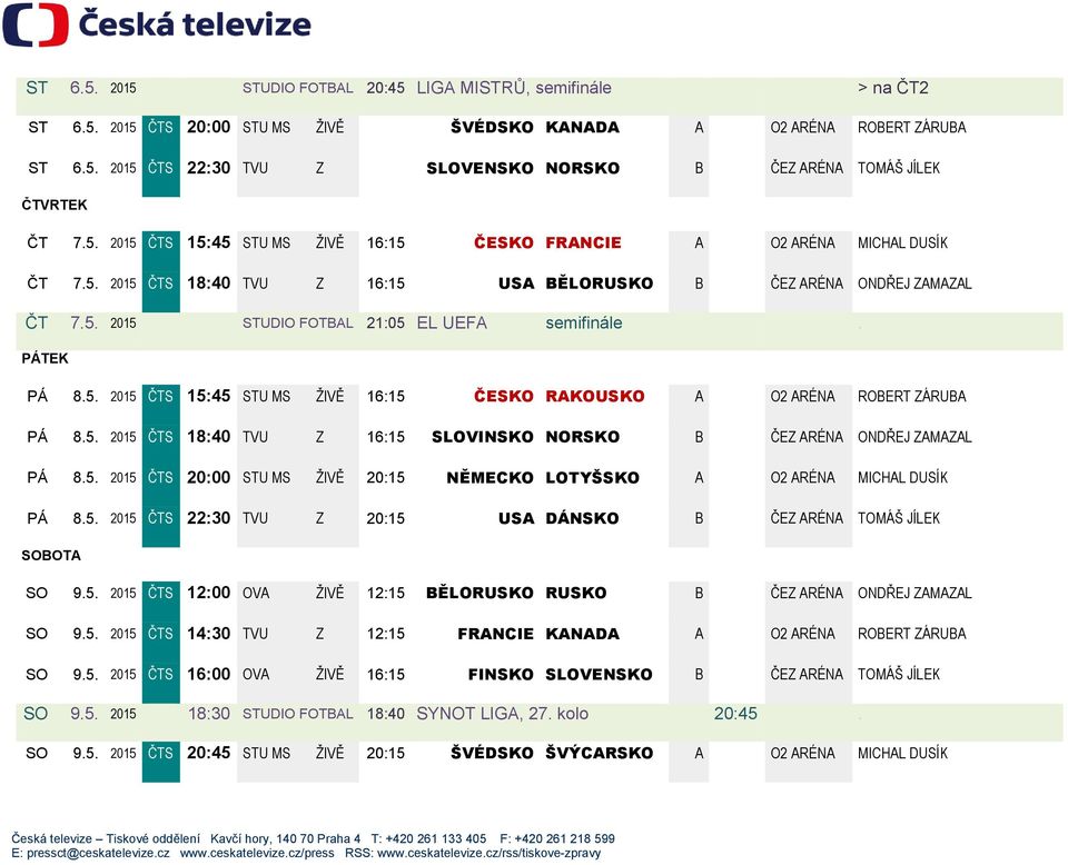 PÁTEK PÁ 8.5. 2015 ČTS 15:45 STU MS ŽIVĚ 16:15 ČESKO RAKOUSKO A O2 ARÉNA ROBERT ZÁRUBA PÁ 8.5. 2015 ČTS 18:40 TVU Z 16:15 SLOVINSKO NORSKO B ČEZ ARÉNA ONDŘEJ ZAMAZAL PÁ 8.5. 2015 ČTS 20:00 STU MS ŽIVĚ 20:15 NĚMECKO LOTYŠSKO A O2 ARÉNA MICHAL DUSÍK PÁ 8.