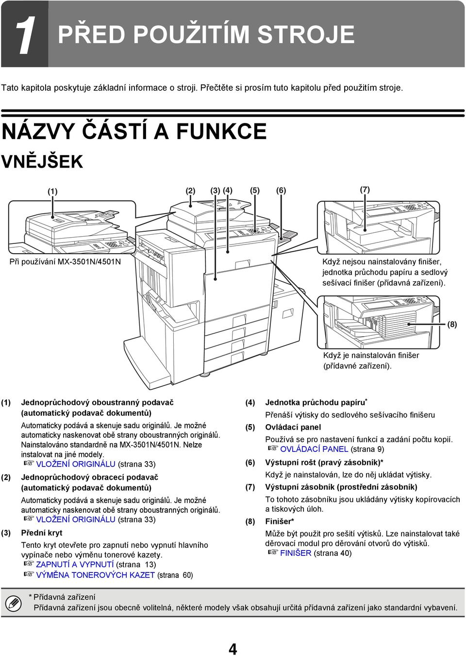 (8) Když je nainstalován finišer (přídavné zařízení). (1) Jednoprůchodový oboustranný podavač (automatický podavač dokumentů) Automaticky podává a skenuje sadu originálů.
