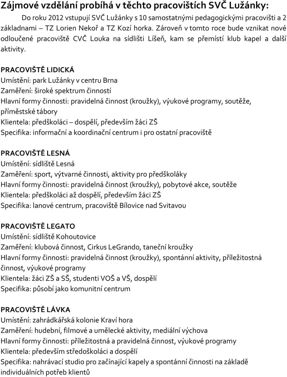 PRACOVIŠTĚ LIDICKÁ Umístění: park Lužánky v centru Brna Zaměření: široké spektrum činností Hlavní formy činnosti: pravidelná činnost (kroužky), výukové programy, soutěže, příměstské tábory Klientela: