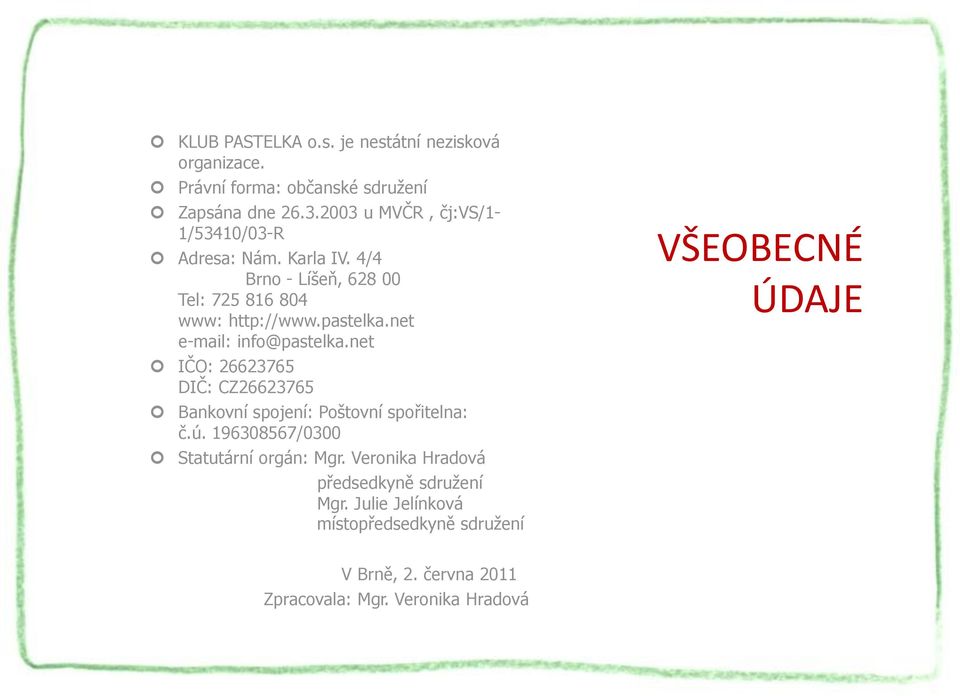 net e-mail: info@pastelka.net IČO: 26623765 DIČ: CZ26623765 Bankovní spojení: Poštovní spořitelna: č.ú.