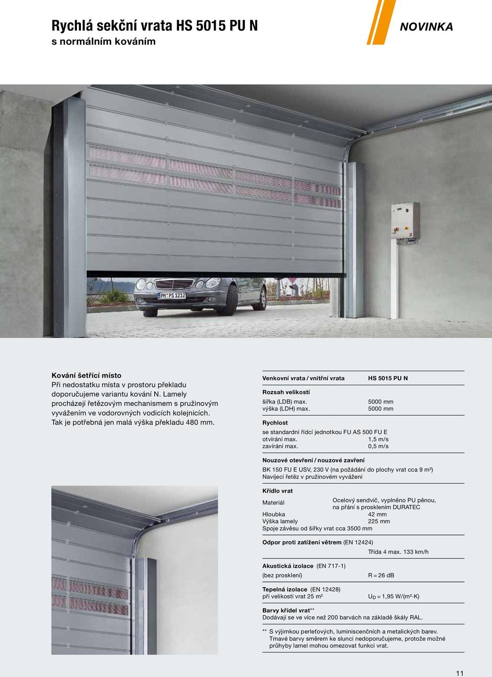 Venkovní vrata / vnitřní vrata HS 5015 PU N Rozsah velikostí šířka (LDB) max. 5000 mm výška (LDH) max.