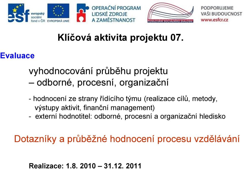 řídícího týmu (realizace cílů, metody, výstupy aktivit, finanční management) - externí