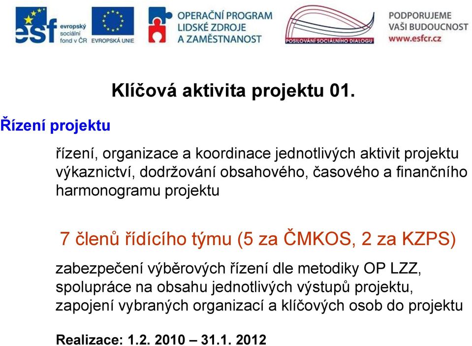 a finančního harmonogramu projektu 7 členů řídícího týmu (5 za ČMKOS, 2 za KZPS) zabezpečení výběrových