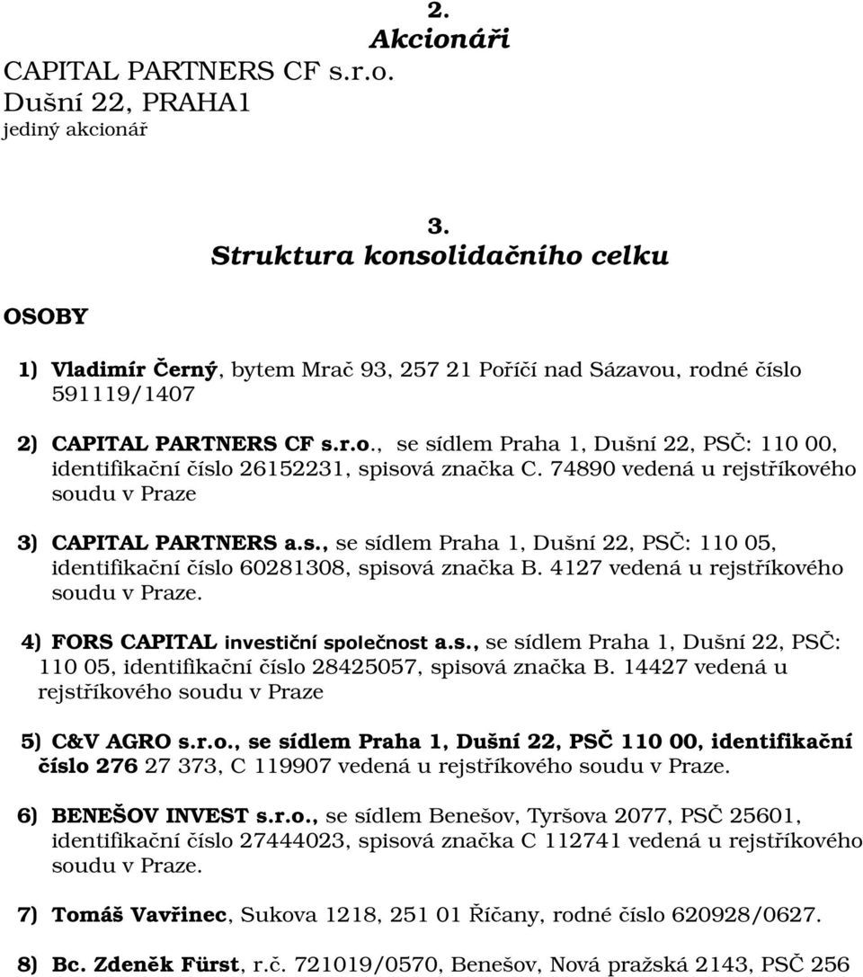 74890 vedená u rejstříkového soudu v Praze 3) CAPITAL PARTNERS a.s., se sídlem Praha 1, Dušní 22, PSČ: 110 05, identifikační číslo 60281308, spisová značka B.