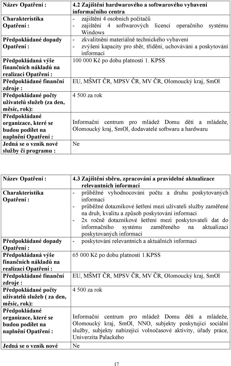 vybavení - zvýšení kapacity pro sběr, třídění, uchovávání a poskytování informací 100 000 Kč po dobu platnosti 1.