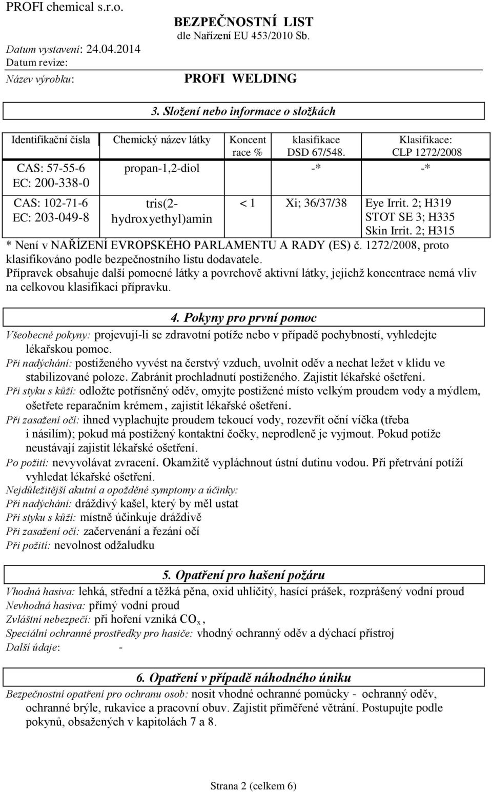 1272/2008, proto klasifikováno podle bezpečnostního listu dodavatele. Přípravek obsahuje další pomocné látky a povrchově aktivní látky, jejichž koncentrace nemá vliv na celkovou klasifikaci přípravku.