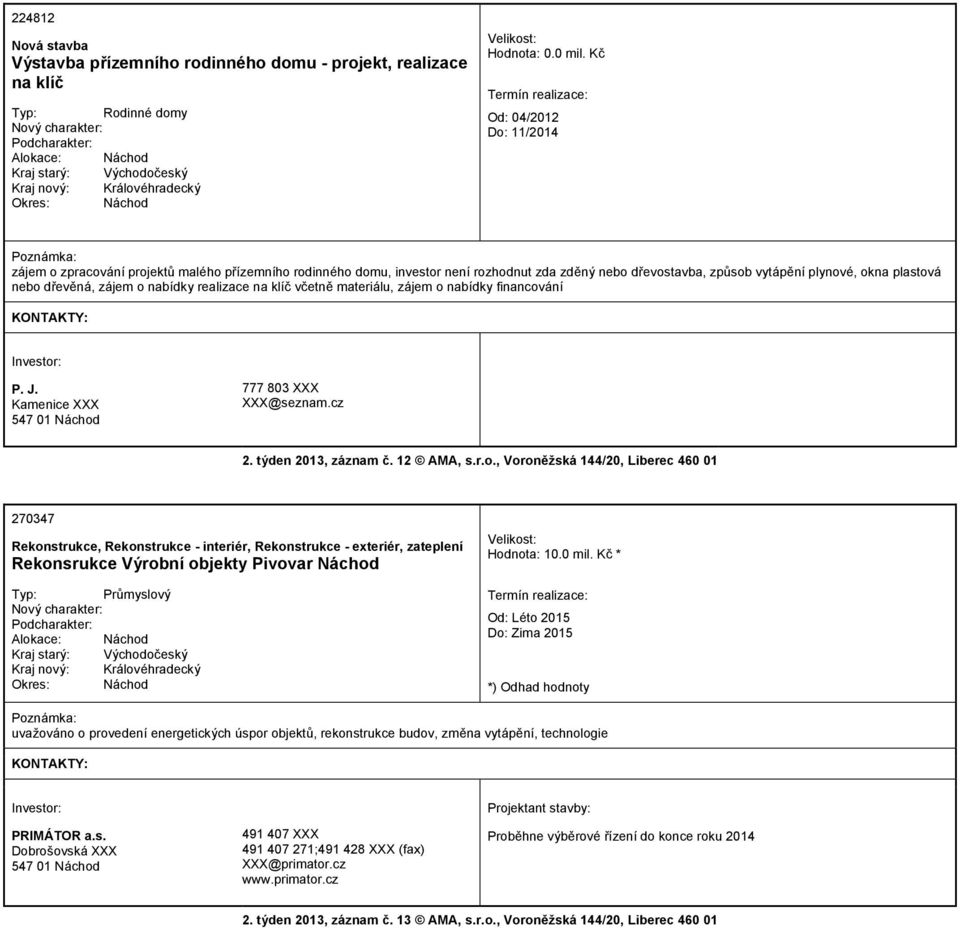 o nabídky realizace na klíč včetně materiálu, zájem o nabídky financování P. J. Kamenice XXX 547 01 Náchod 777 803 XXX XXX@seznam.cz 2. týden 2013, záznam č. 12 AMA, s.r.o., Voroněžská 144/20,