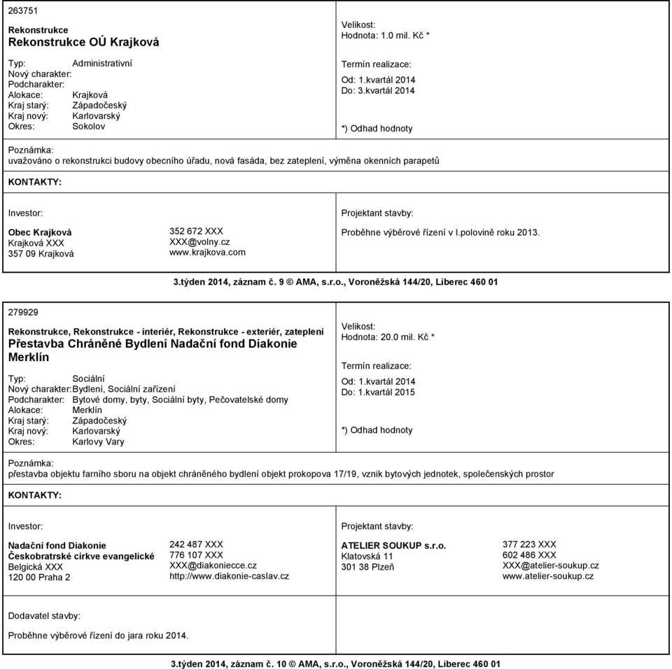 com Proběhne výběrové řízení v I.polovině roku 2013. 3.týden 2014, záznam č. 9 AMA, s.r.o., Voroněžská 144/20, Liberec 460 01 279929 Rekonstrukce, Rekonstrukce - interiér, Rekonstrukce - exteriér,