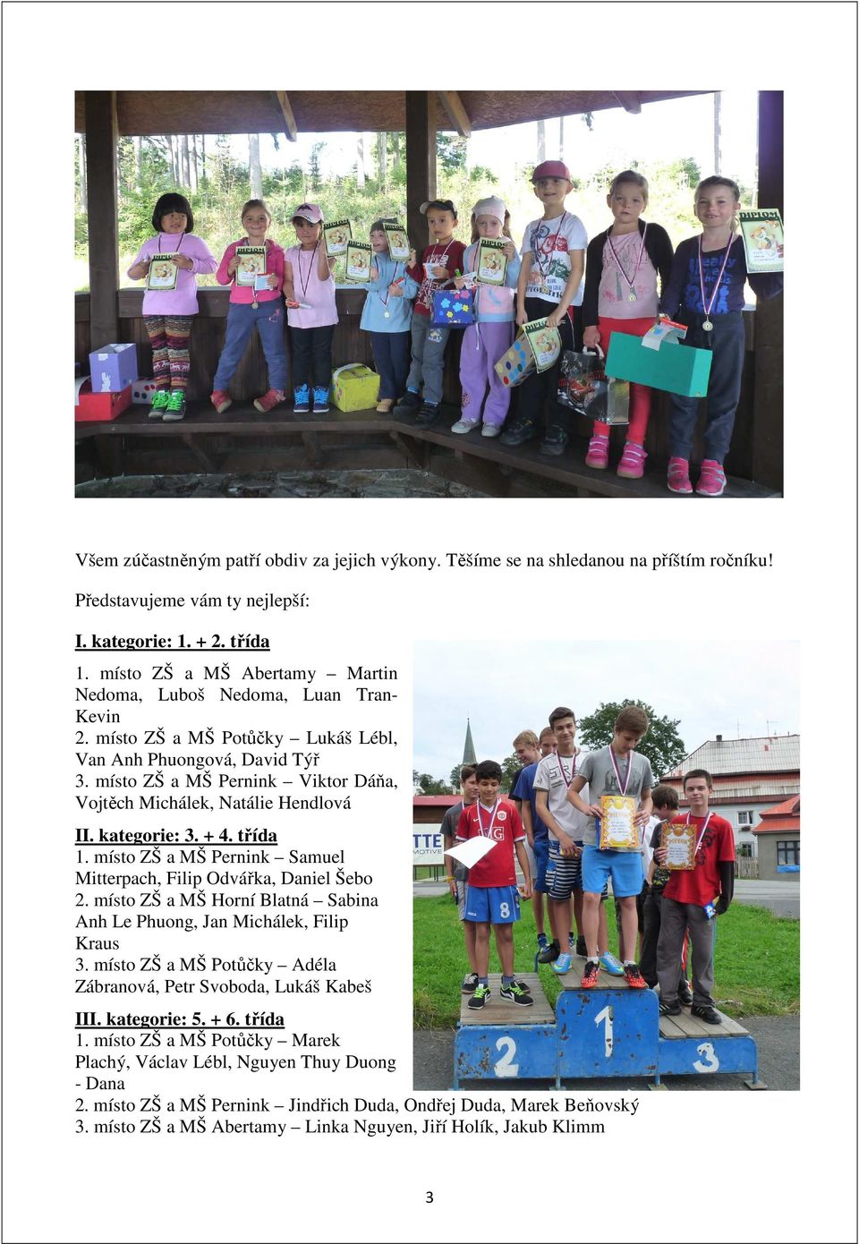 místo ZŠ a MŠ Pernink Viktor Dáňa, Vojtěch Michálek, Natálie Hendlová II. kategorie: 3. + 4. třída 1. místo ZŠ a MŠ Pernink Samuel Mitterpach, Filip Odvářka, Daniel Šebo 2.
