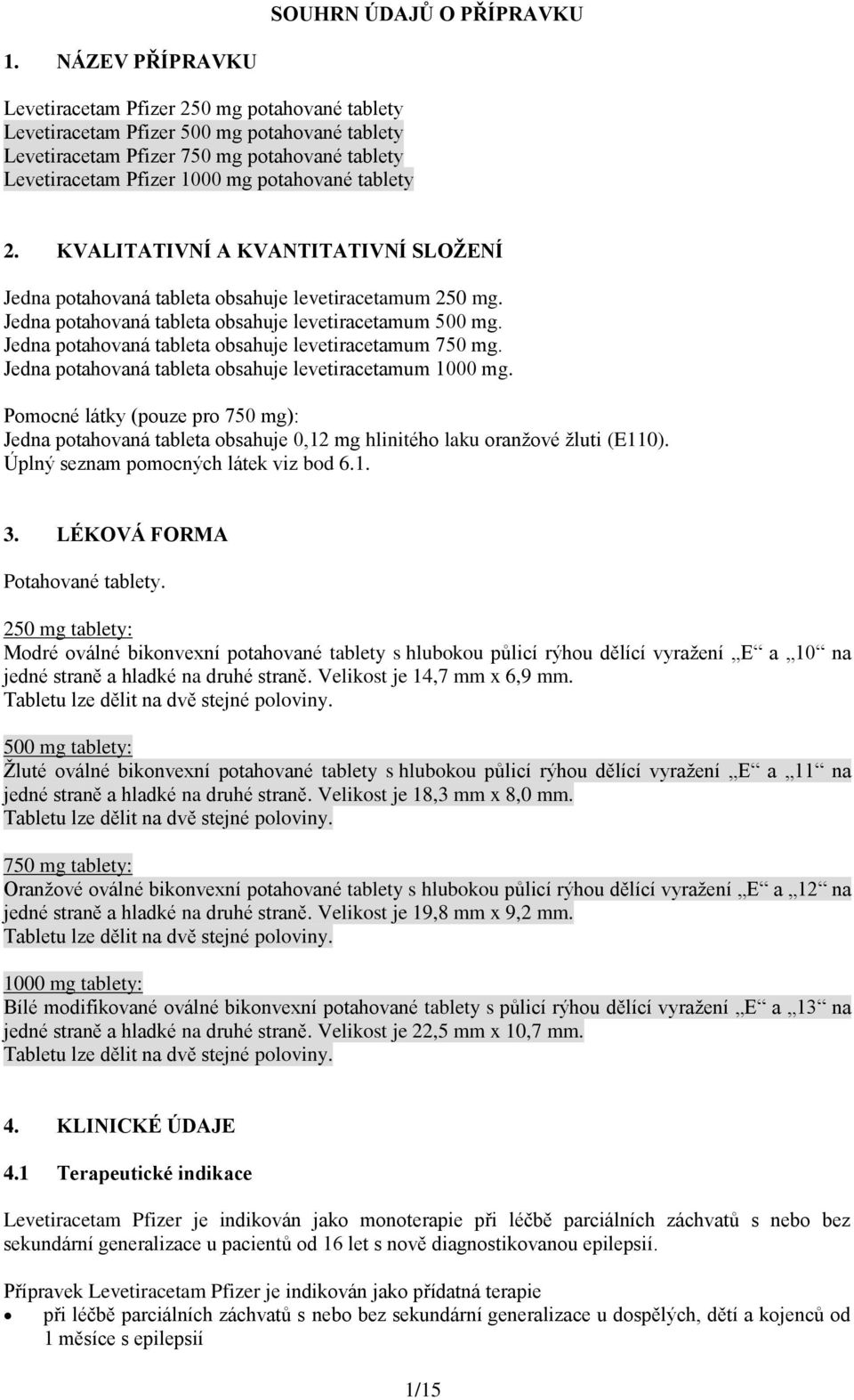 tablety 2. KVALITATIVNÍ A KVANTITATIVNÍ SLOŽENÍ Jedna potahovaná tableta obsahuje levetiracetamum 250 mg. Jedna potahovaná tableta obsahuje levetiracetamum 500 mg.