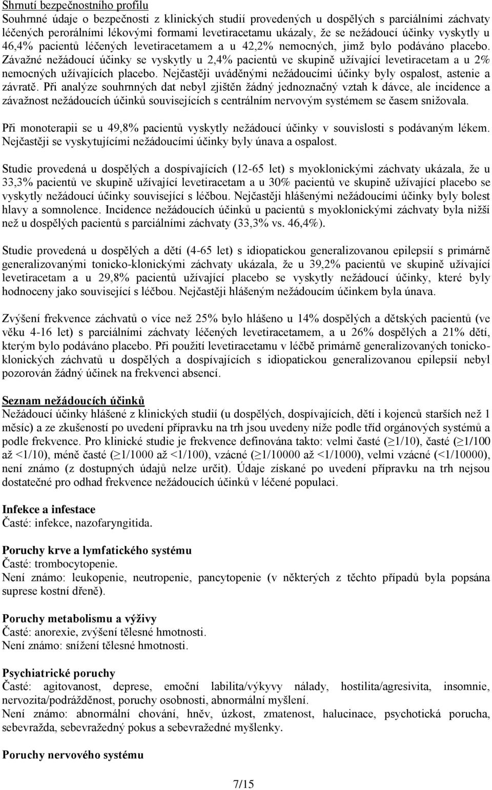 Závažné nežádoucí účinky se vyskytly u 2,4% pacientů ve skupině užívající levetiracetam a u 2% nemocných užívajících placebo. Nejčastěji uváděnými nežádoucími účinky byly ospalost, astenie a závratě.