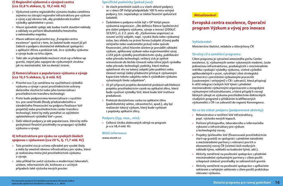 Hlavní způsobilé výdaje zde budou tvořit stavební náklady a náklady na pořízení dlouhodobého hmotného a nehmotného majetku.