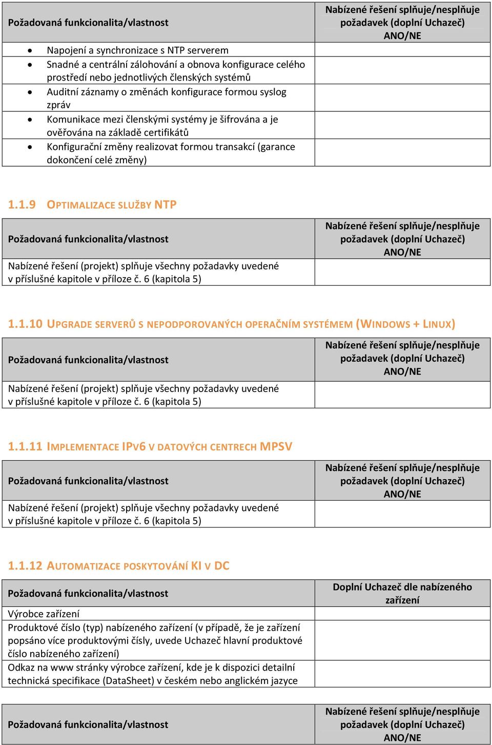 1.9 OPTIMALIZACE SLUŽBY NTP Nabízené řešení (projekt) splňuje všechny požadavky uvedené v příslušné kapitole v příloze č. 6 (kapitola 5) 1.1.10 UPGRADE SERVERŮ S NEPODPOROVANÝCH OPERAČNÍM SYSTÉMEM (WINDOWS + LINUX) Nabízené řešení (projekt) splňuje všechny požadavky uvedené v příslušné kapitole v příloze č.