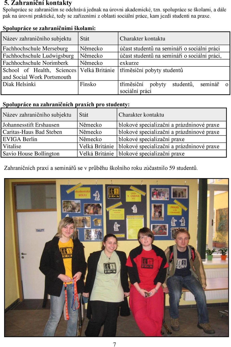 Spolupráce se zahraničními školami: Název zahraničního subjektu Stát Charakter kontaktu Fachhochschule Merseburg Německo účast studentů na semináři o sociální práci Fachhochschule Ludwigsburg Německo