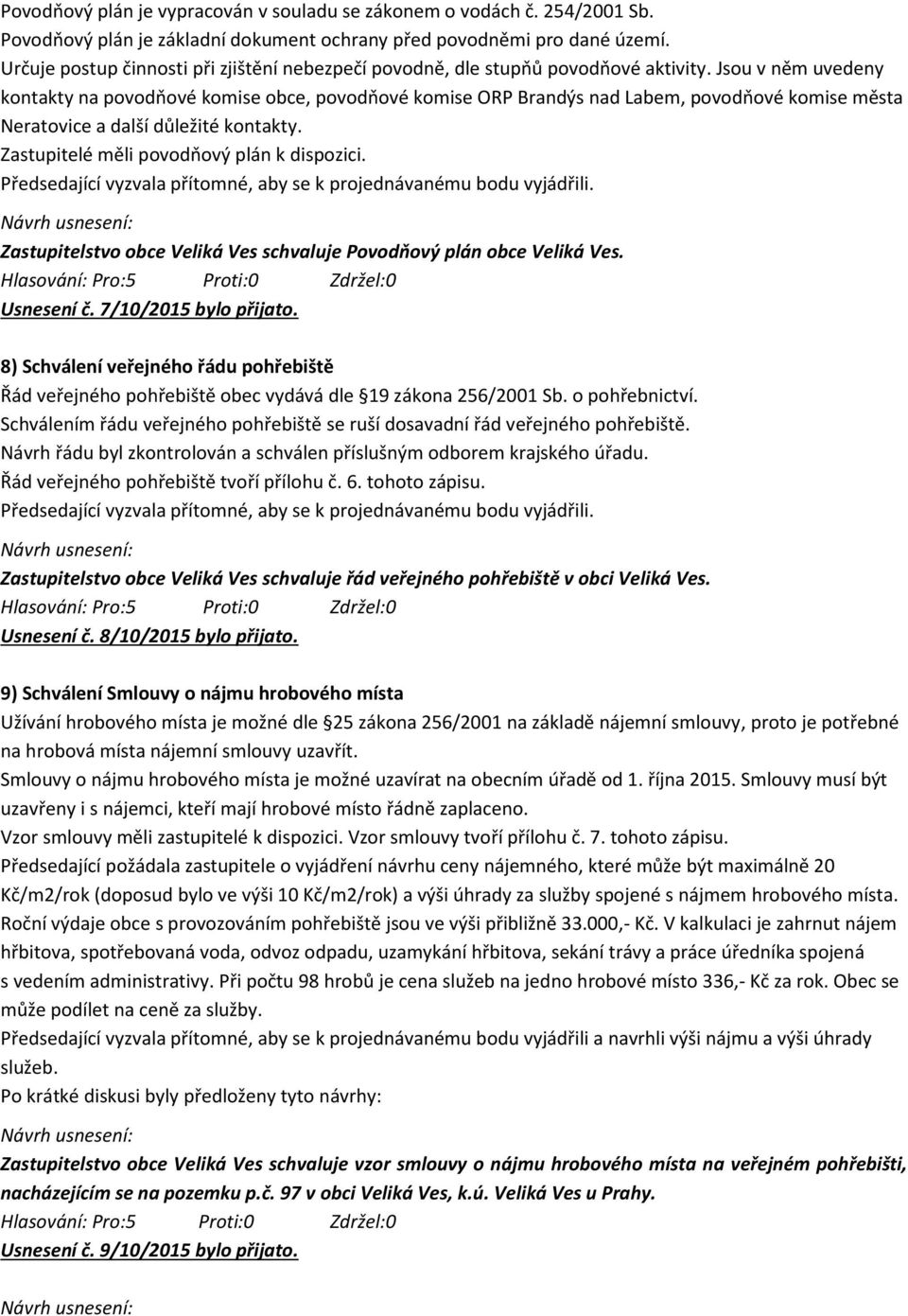 Jsou v něm uvedeny kontakty na povodňové komise obce, povodňové komise ORP Brandýs nad Labem, povodňové komise města Neratovice a další důležité kontakty. Zastupitelé měli povodňový plán k dispozici.