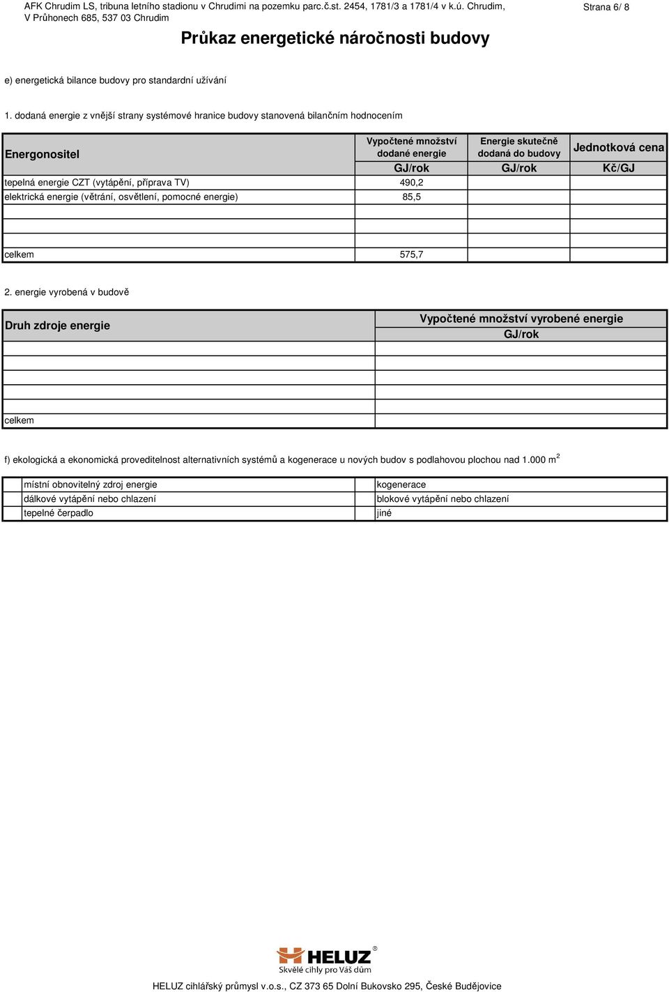 Jednotková cena Kč/GJ tepelná energie CZT (vytápění, příprava TV) 490,2 elektrická energie (větrání, osvětlení, pomocné energie) 85,5 celkem 575,7 2.