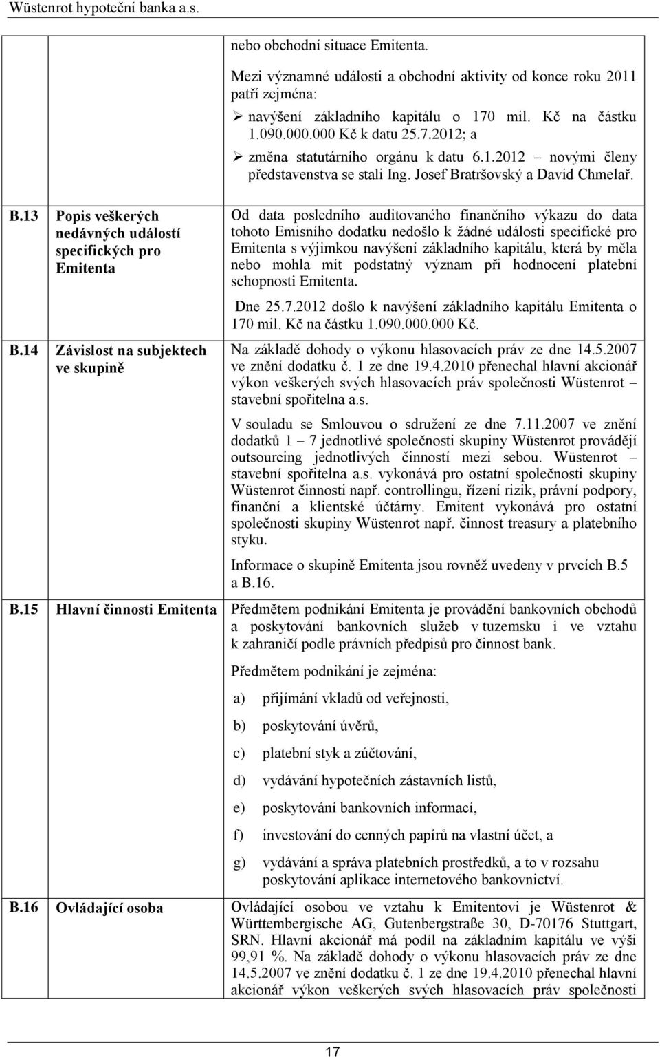 1.2012 novými členy představenstva se stali Ing. Josef Bratršovský a David Chmelař.